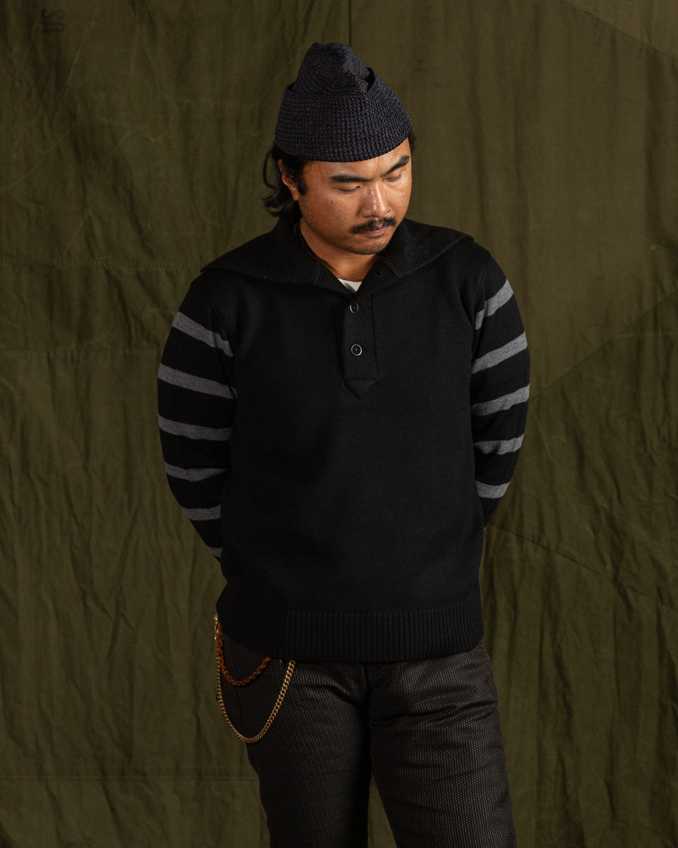 Black Sign 1920s Worsted Byron Collar Jersey x Border Sleeves - Mat Black x Rat Gray Border - Standard & Strange