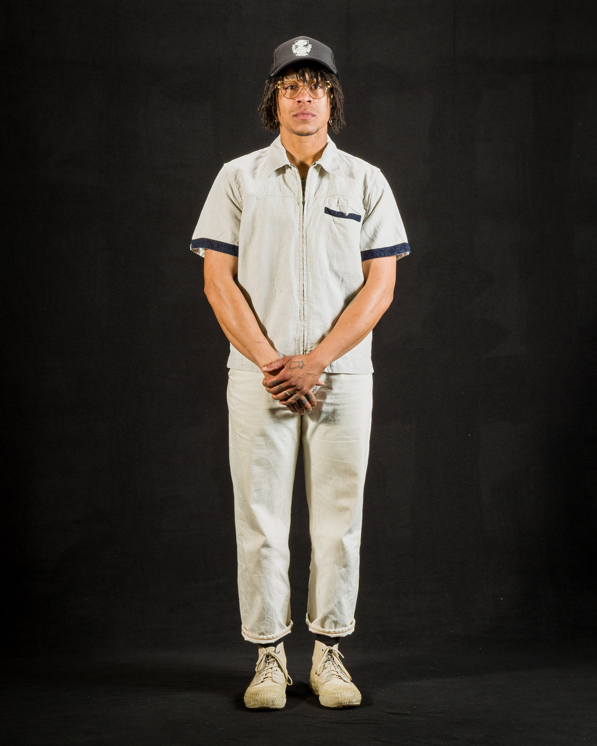 Freenote Yorba Zip S/S Shirt- White Herringbone - Standard & Strange