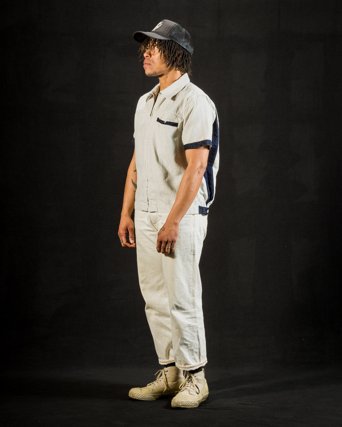 Freenote Yorba Zip S/S Shirt- White Herringbone - Standard & Strange