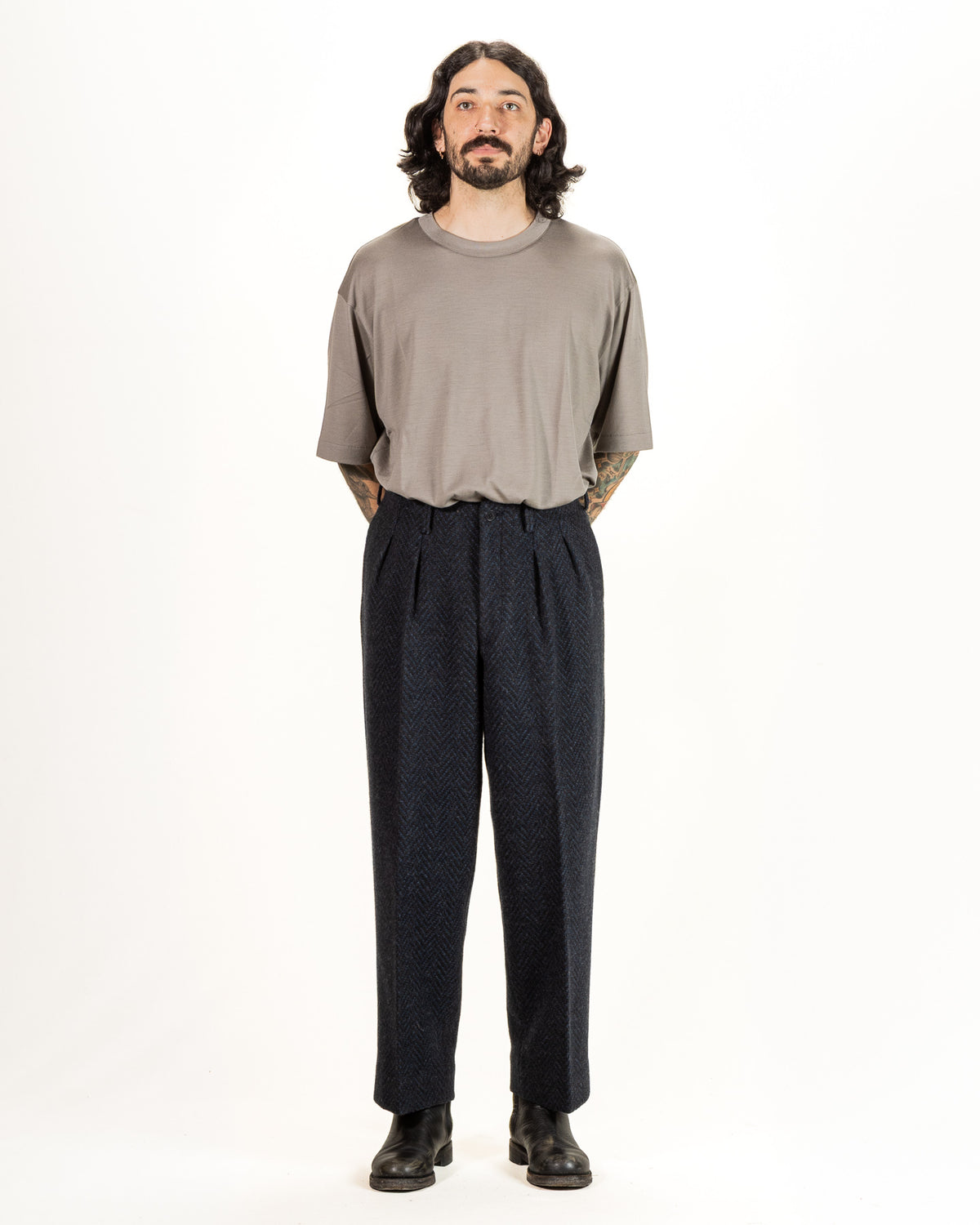 Gorsch Wool Two Tuck Trousers - Navy Dynamic Herringbone - Standard & Strange