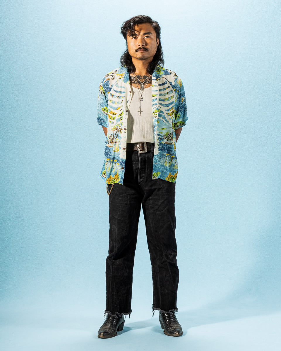 Kapital Rayon KAMEHAMEHA BONE Aloha Shirt - Blue - Standard & Strange