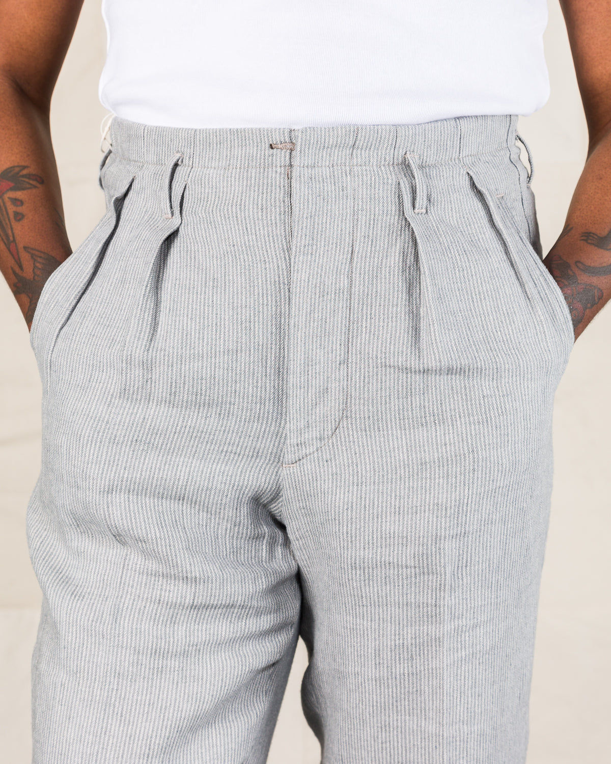 MotivMfg English Trousers - Light Grey Stripe High Twist Linen - Standard & Strange