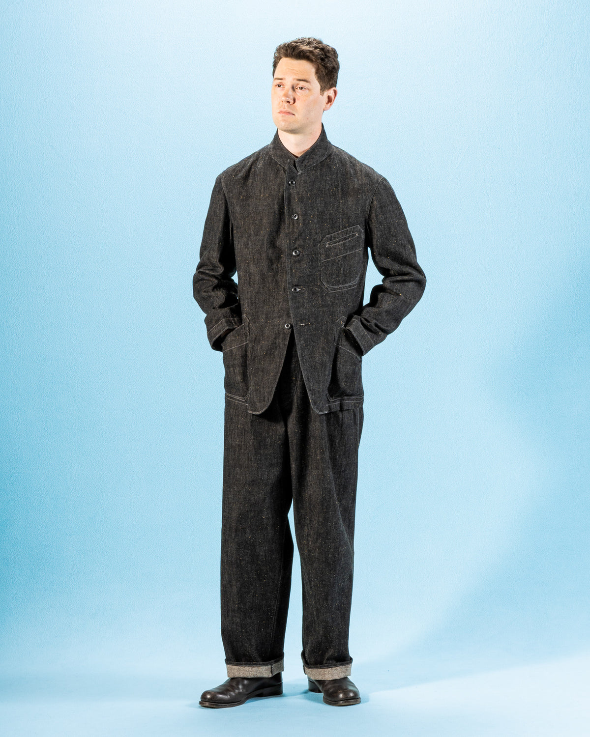 MotivMfg Peak Lapel Lounge Jacket - Char Brown Donegal Denim - Standard & Strange