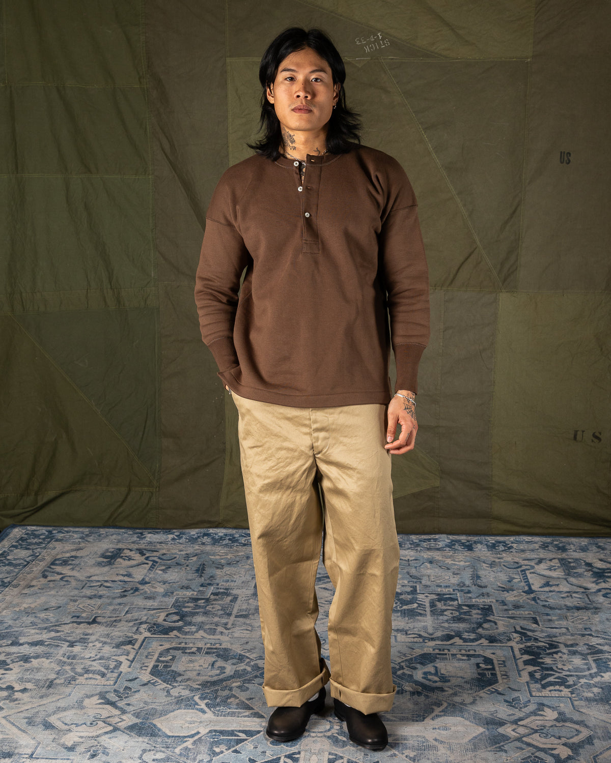 Olde Homesteader Cotton Fleece Henley Neck L/S - Rustic Wood - Standard & Strange