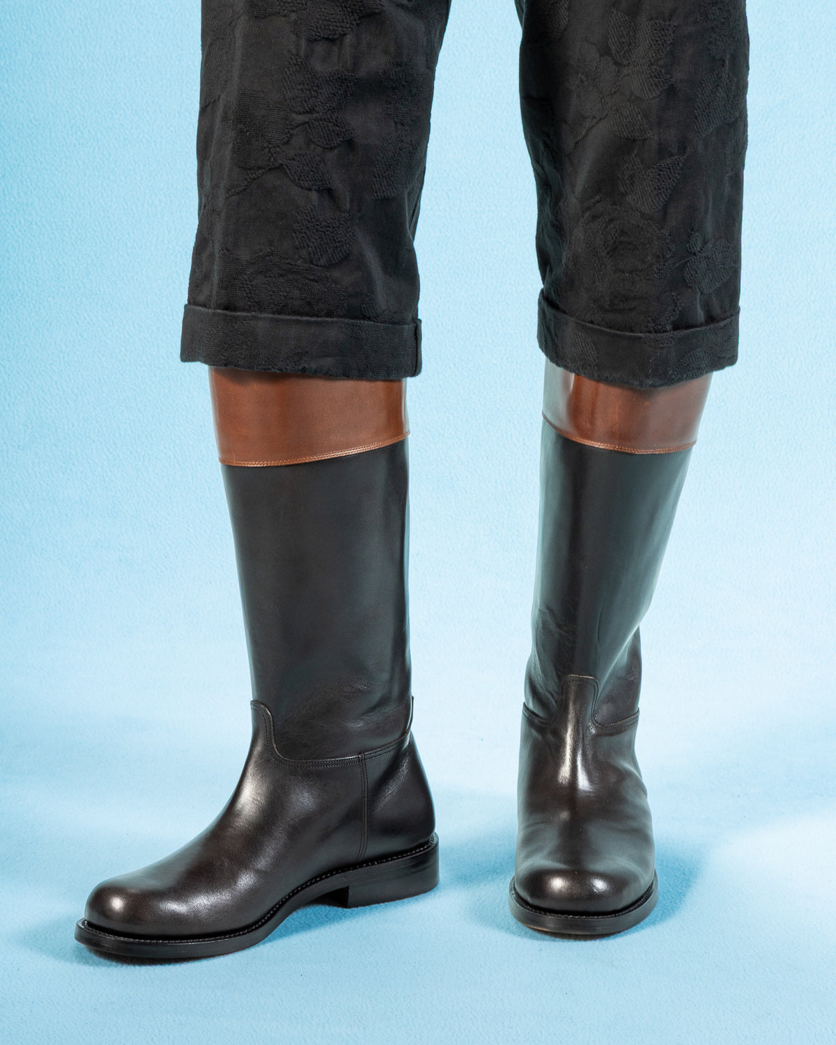 Rolling Dub Trio Rottweiler Riding Boots - Black & Brown Horsehide - Standard & Strange