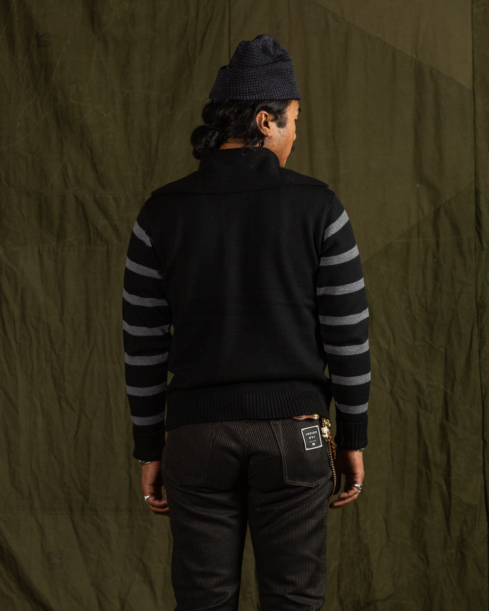 Black Sign 1920s Worsted Byron Collar Jersey x Border Sleeves - Mat Black x Rat Gray Border - Standard & Strange