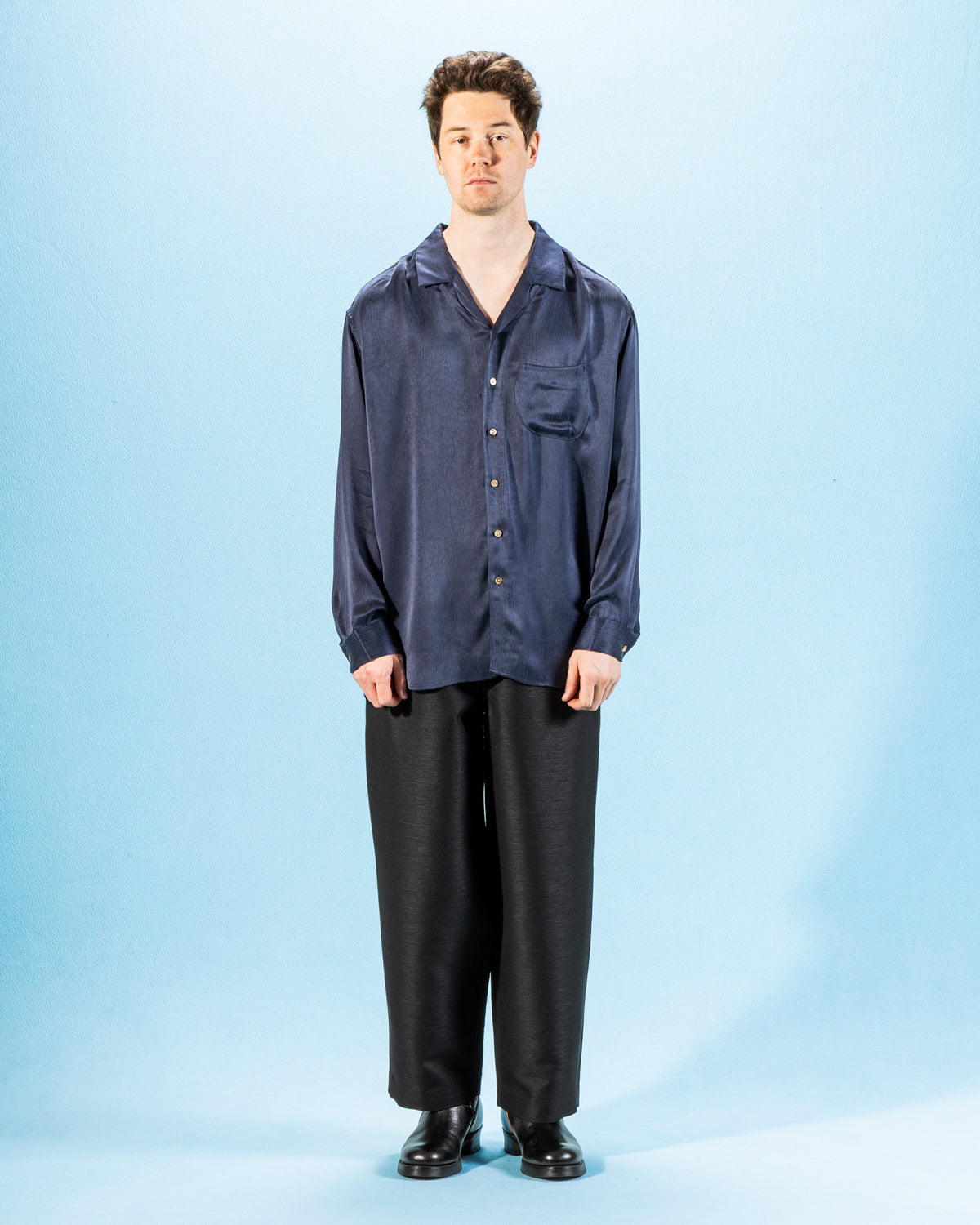 Gorsch Wide Silhouette Open Collar Shirt - Navy Satin Crinkle Cupra - Standard & Strange