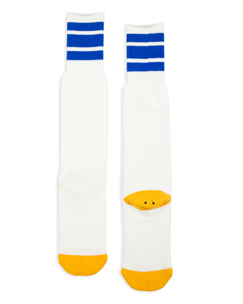 Kapital 144 Yarns HAPPY HEEL Embroidered SKATERS Knee-High Socks - White x Blue - Standard & Strange
