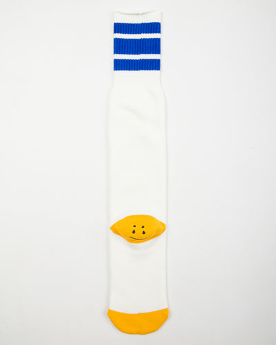 Kapital 144 Yarns HAPPY HEEL Embroidered SKATERS Knee-High Socks - White x Blue - Standard & Strange