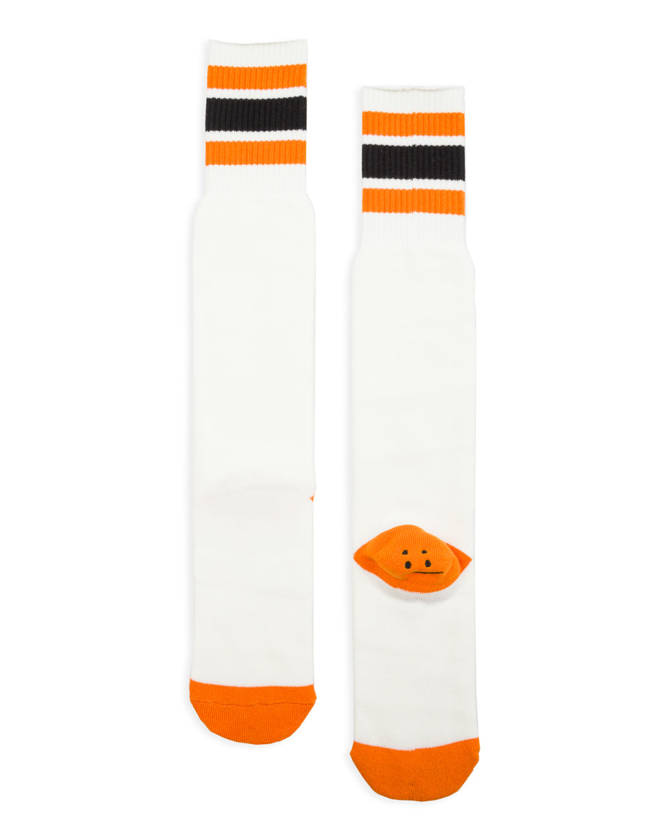 Kapital 144 Yarns HAPPY HEEL Embroidered SKATERS Knee-High Socks - White x Orange - Standard & Strange
