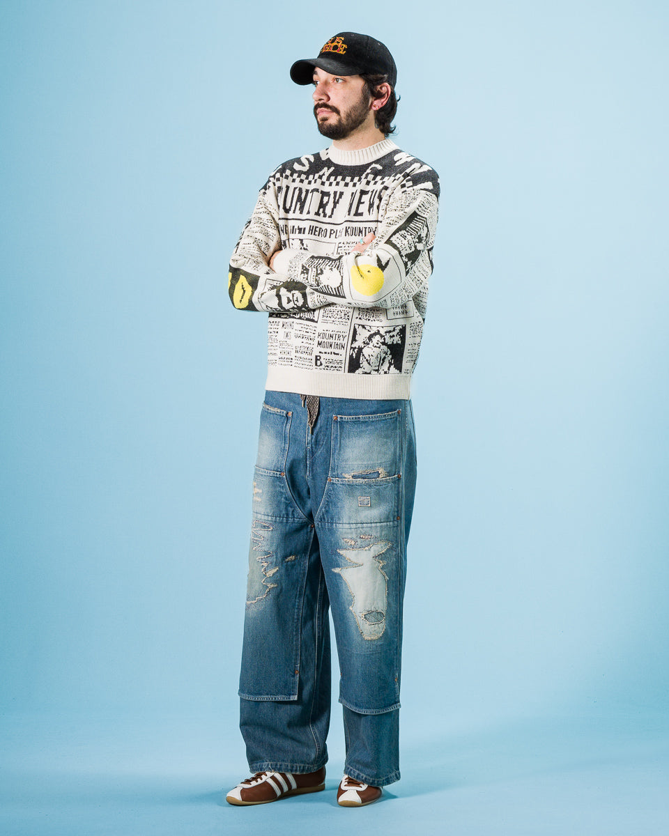 Kapital 8G Knit NEWSPAPER Crew Sweater(KOUNTRY NEWS) - Ecru - Standard & Strange