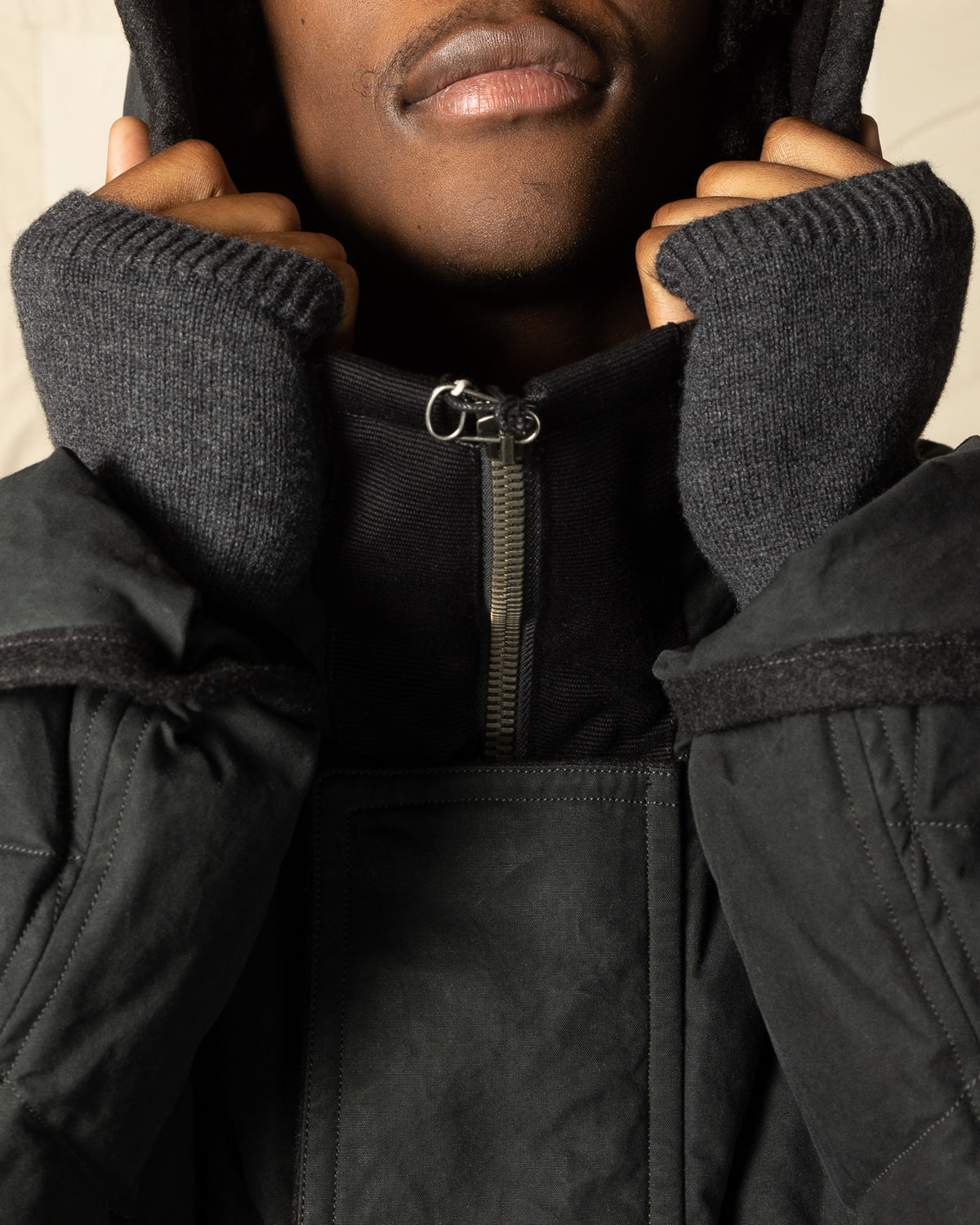 MotivMfg Lander Down Coat - Charcoal Halley Stevenson "Military Finish" Waxed Cotton - Standard & Strange