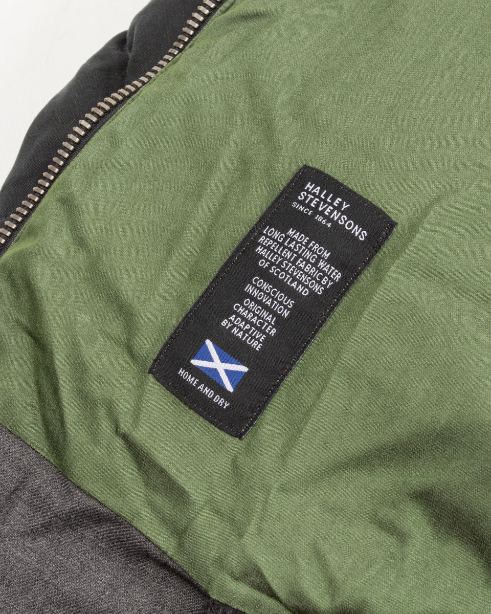 MotivMfg Lander Down Coat - Charcoal Halley Stevenson "Military Finish" Waxed Cotton - Standard & Strange