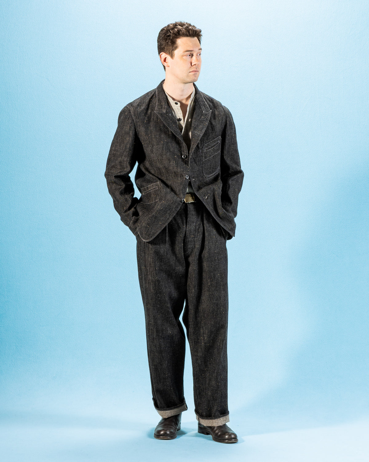 MotivMfg Peak Lapel Lounge Jacket - Char Brown Donegal Denim - Standard & Strange