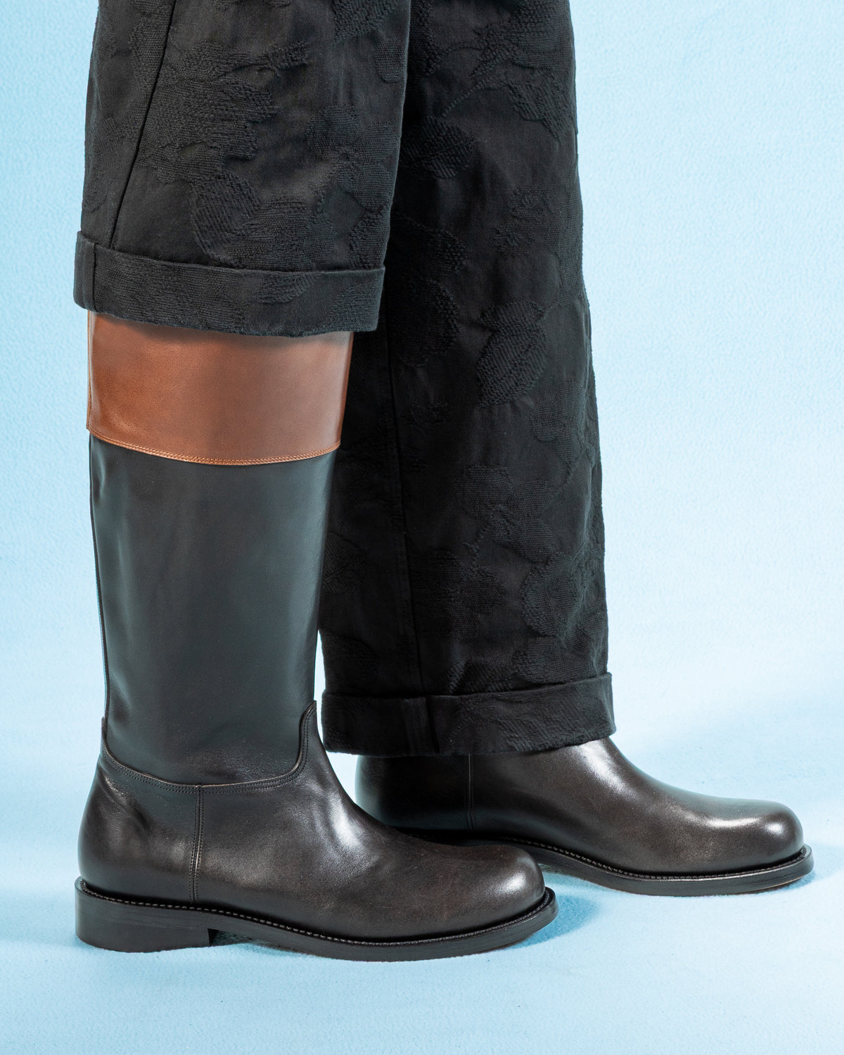 Rolling Dub Trio Rottweiler Riding Boots - Black & Brown Horsehide - Standard & Strange