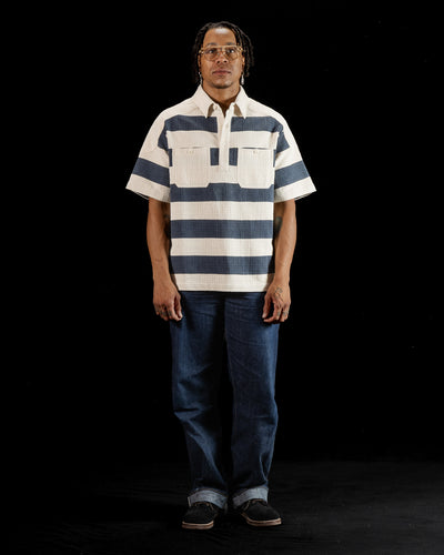 Indi + Ash Rugby Shirt - Handwoven Natural/Indigo Ripstop Black Print Stripe - Standard & Strange